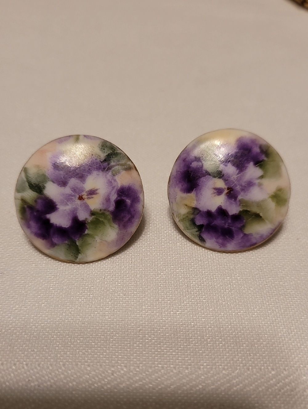 Vintage Antique Hand Painted Porcelain Earrings Purple Iris